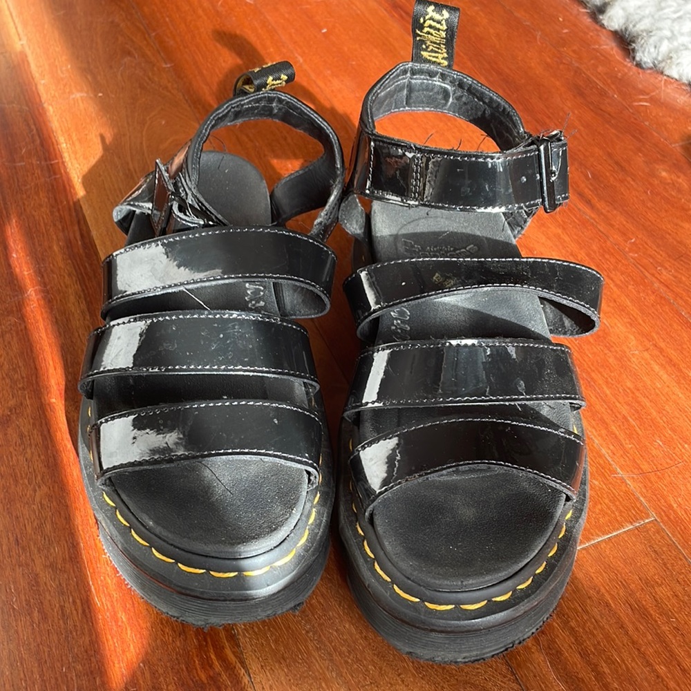 Dr. Martens Black Patent Leather Strappy Platform Sandals